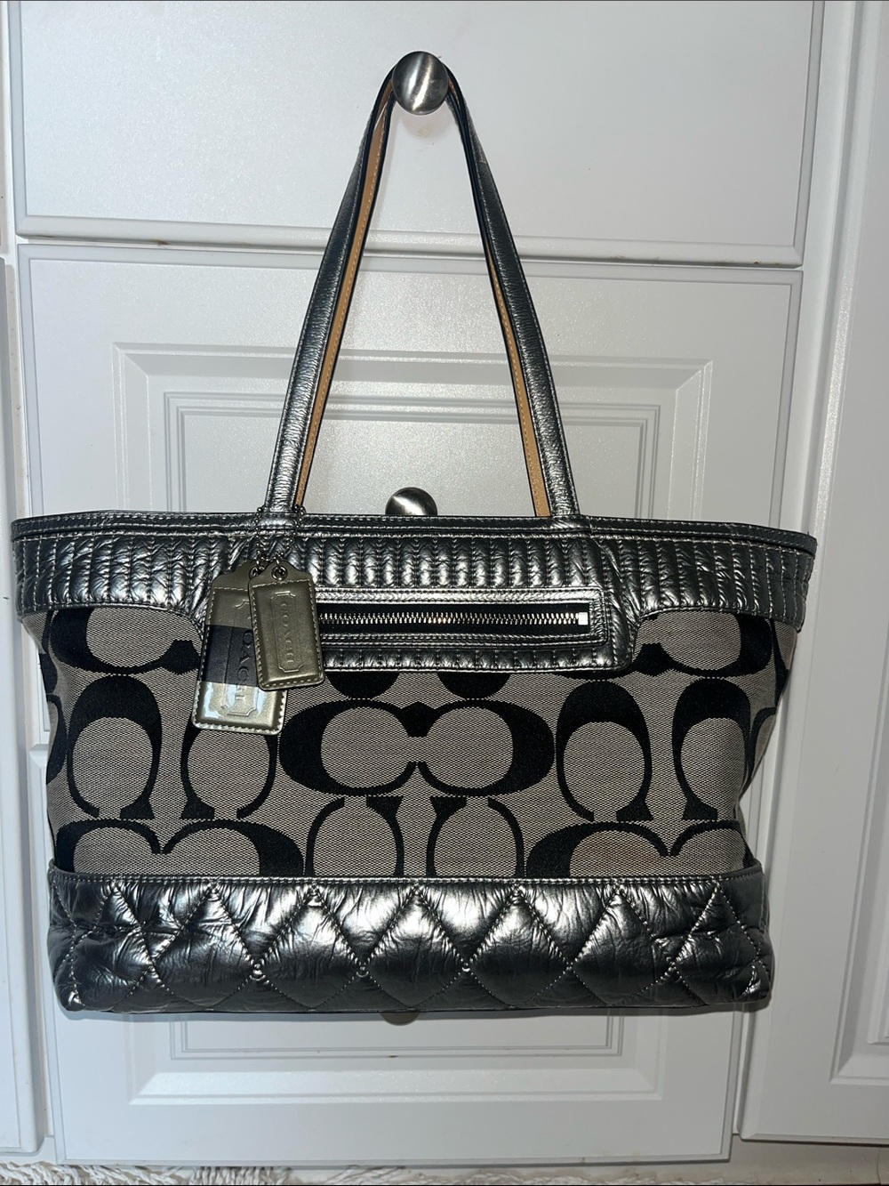 Coach Poppy Metallic Silver Quilted Signature Tote Bag